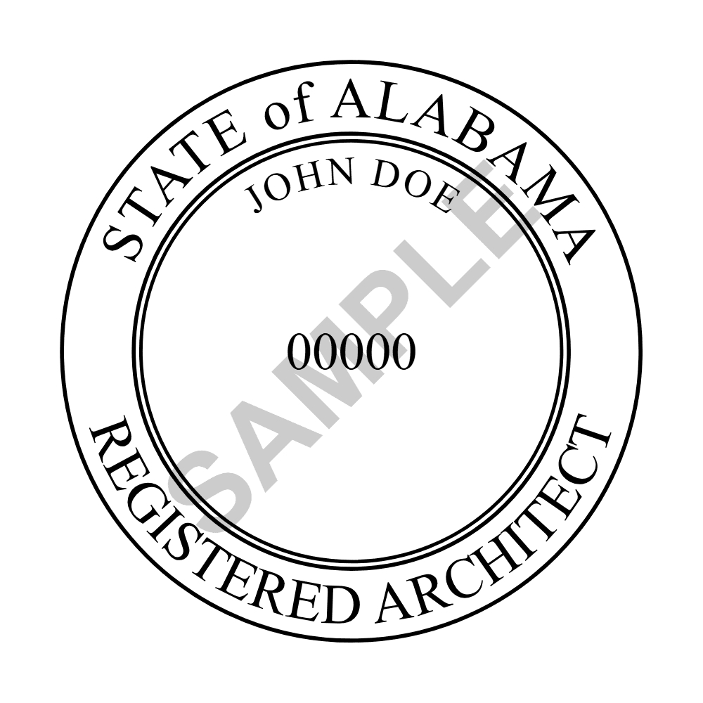 An approved Alabama Architect seal design, shown as a watermarked example