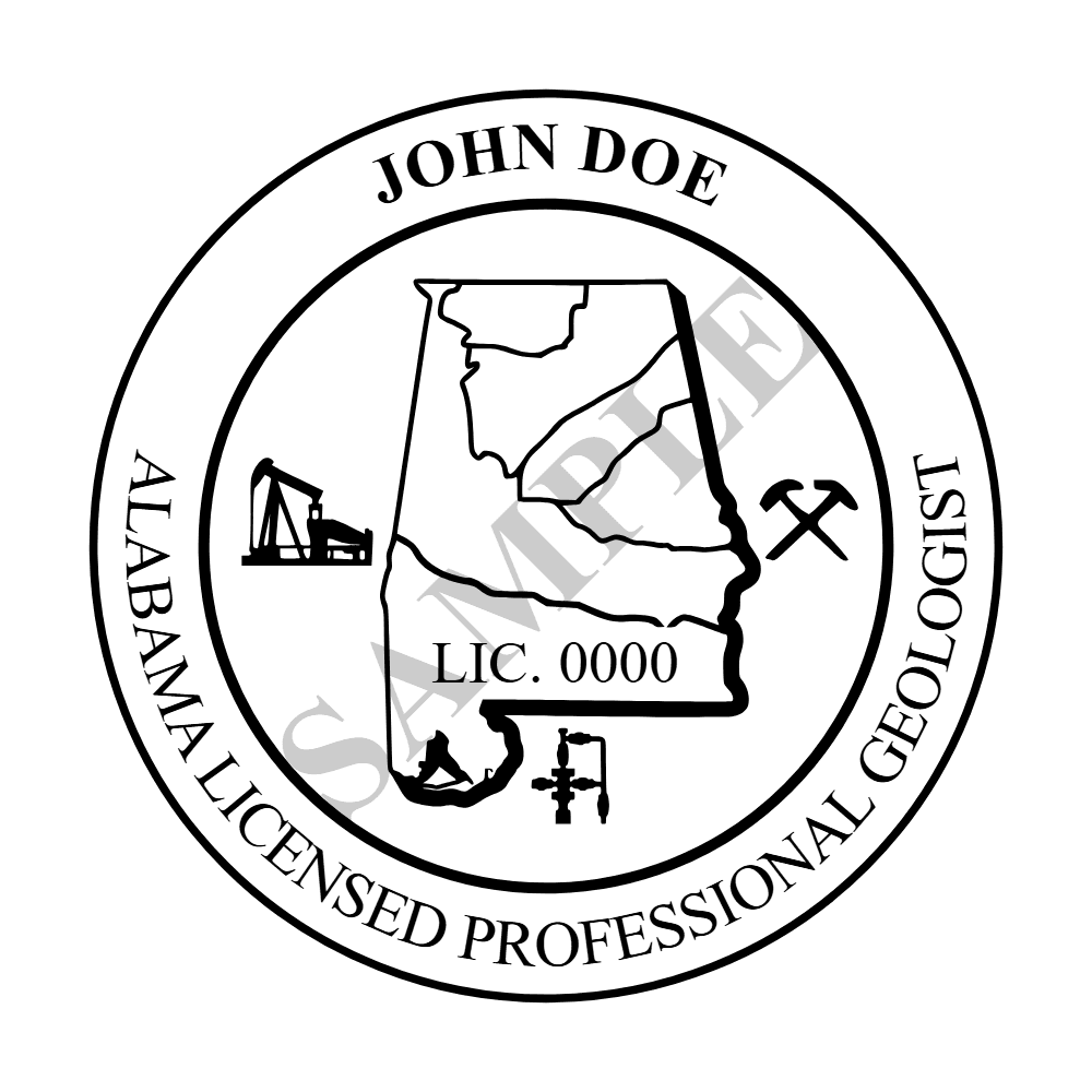 An approved Alabama Geologist seal design, shown as a watermarked example
