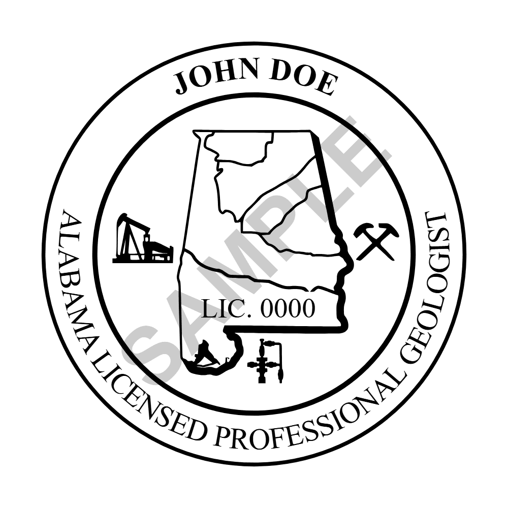 An approved Alabama Geologist seal design, shown as a watermarked example