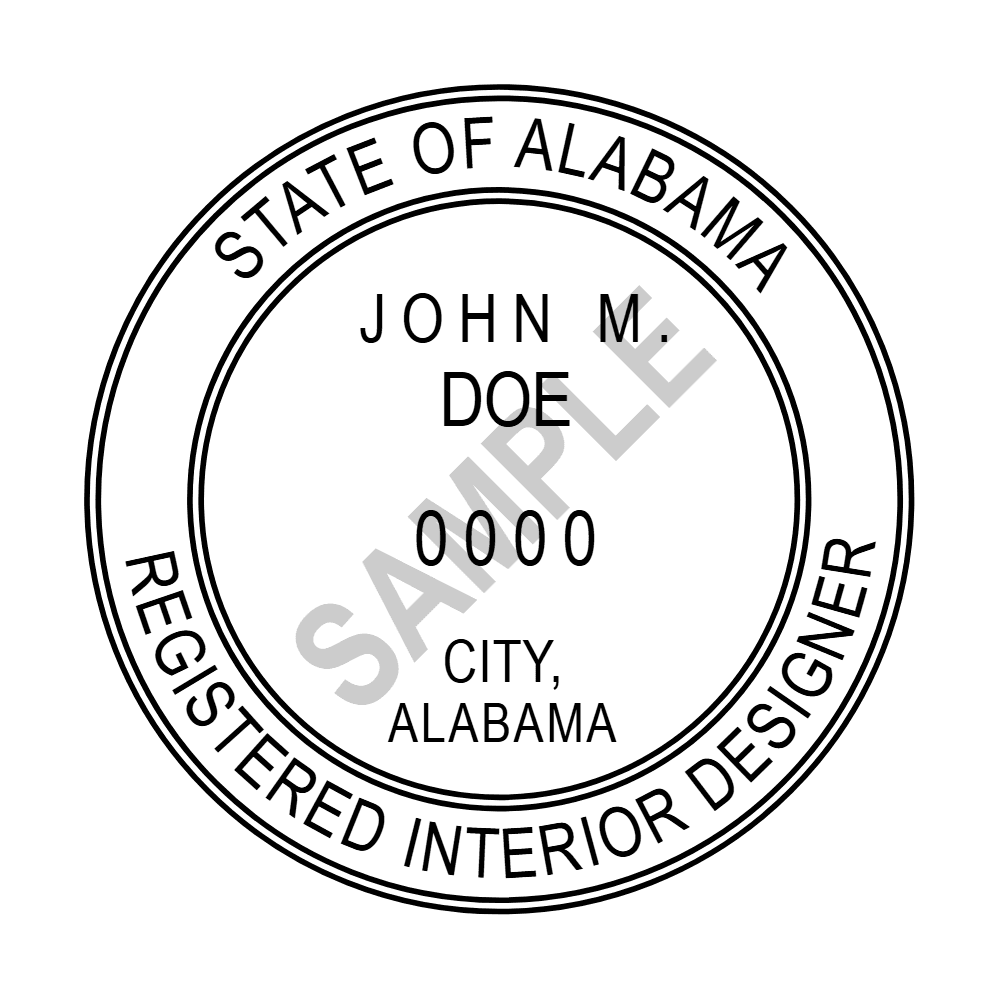 An approved Alabama Interior Designer seal design, shown as a watermarked example