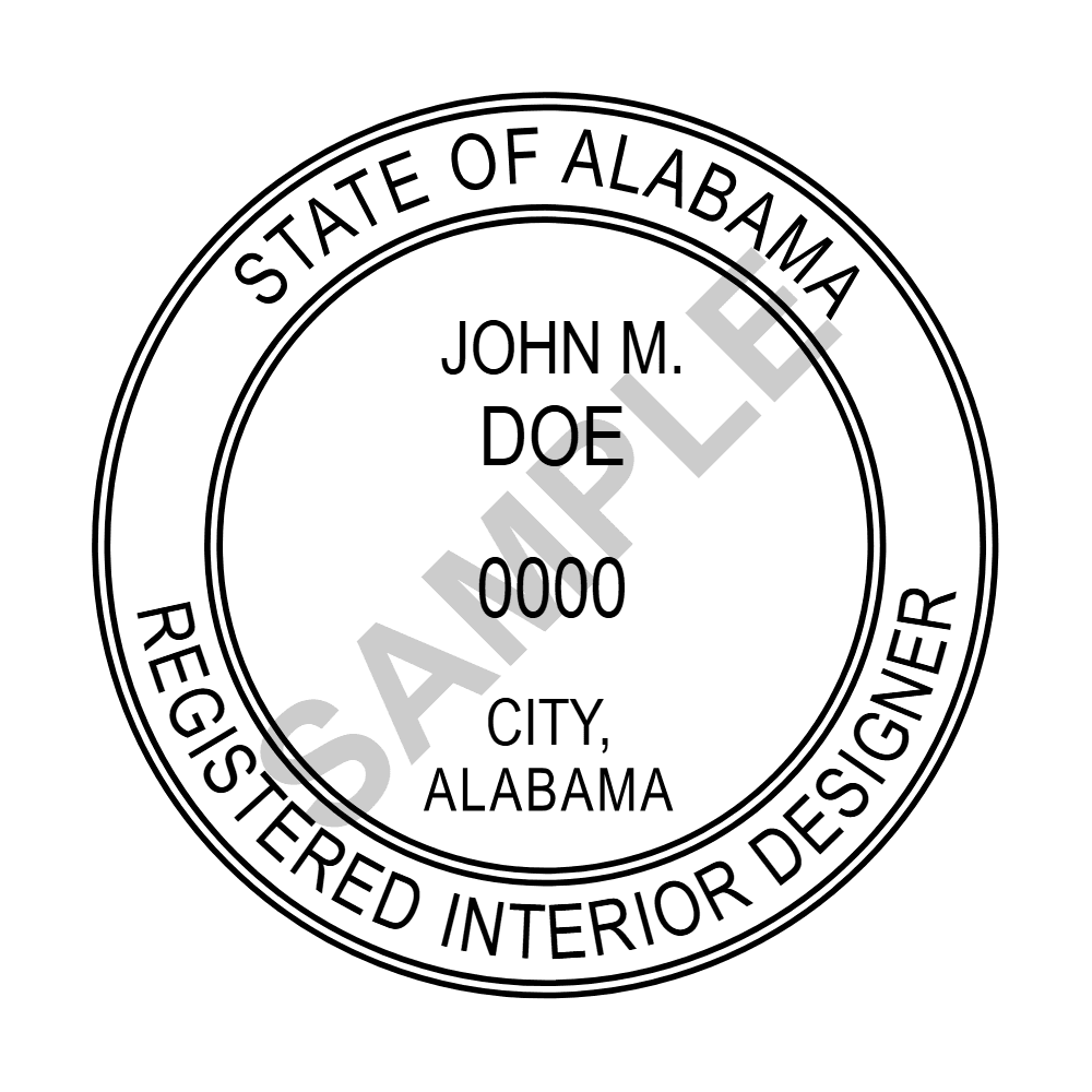 An approved Alabama Interior Designer seal design, shown as a watermarked example