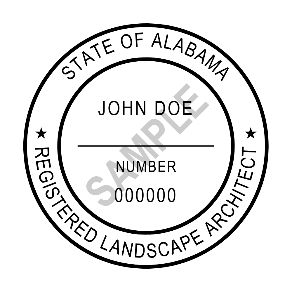 An approved Alabama Landscape Architect seal design, shown as a watermarked example