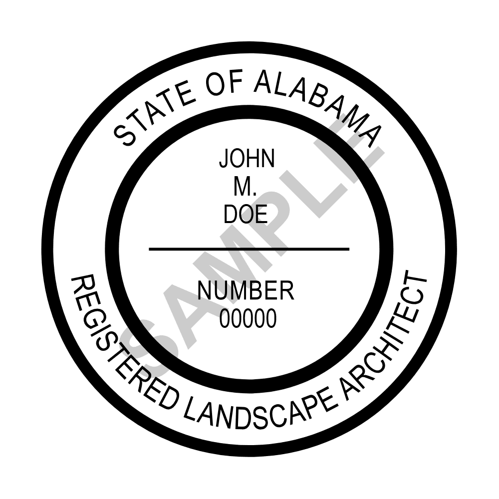 An approved Alabama Landscape Architect seal design, shown as a watermarked example