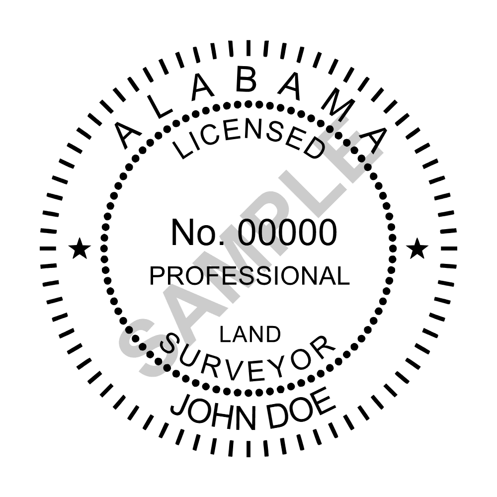 An approved Alabama Land Surveyor seal design, shown as a watermarked example