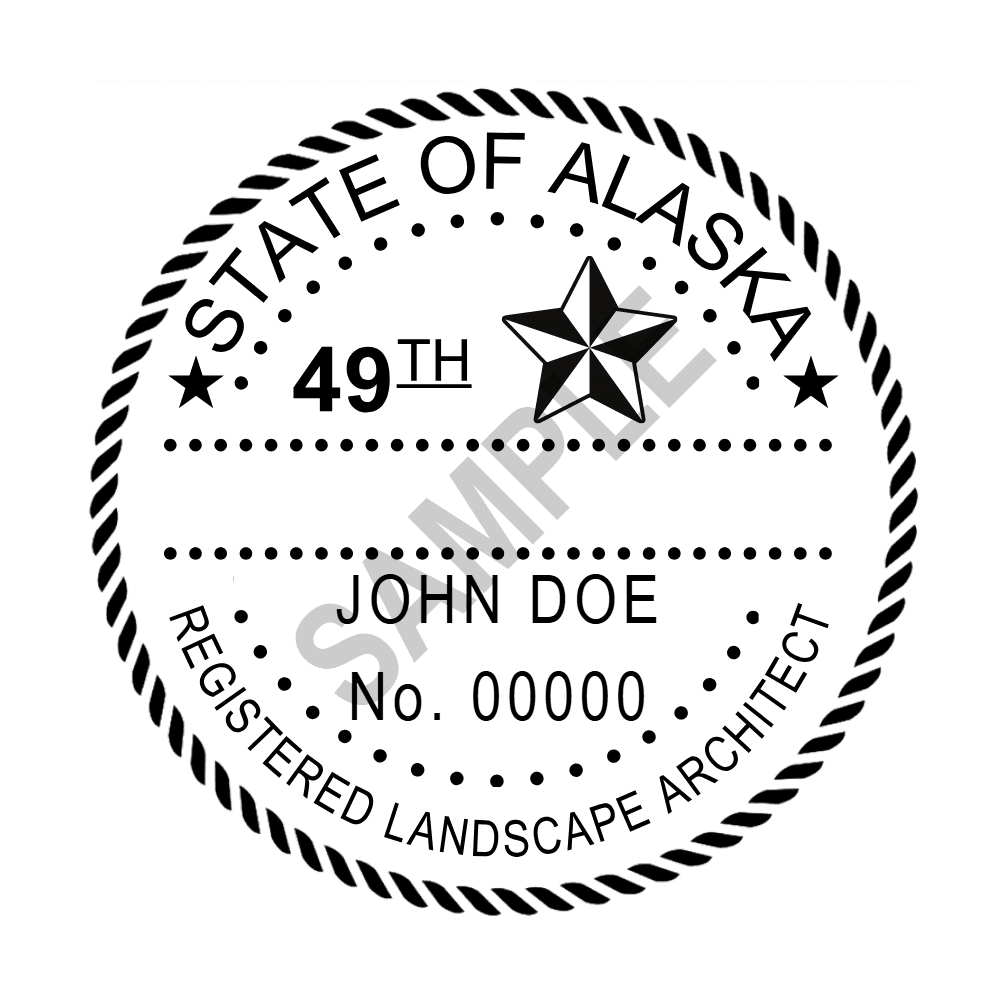 An approved Alaska Landscape Architect seal design, shown as a watermarked example