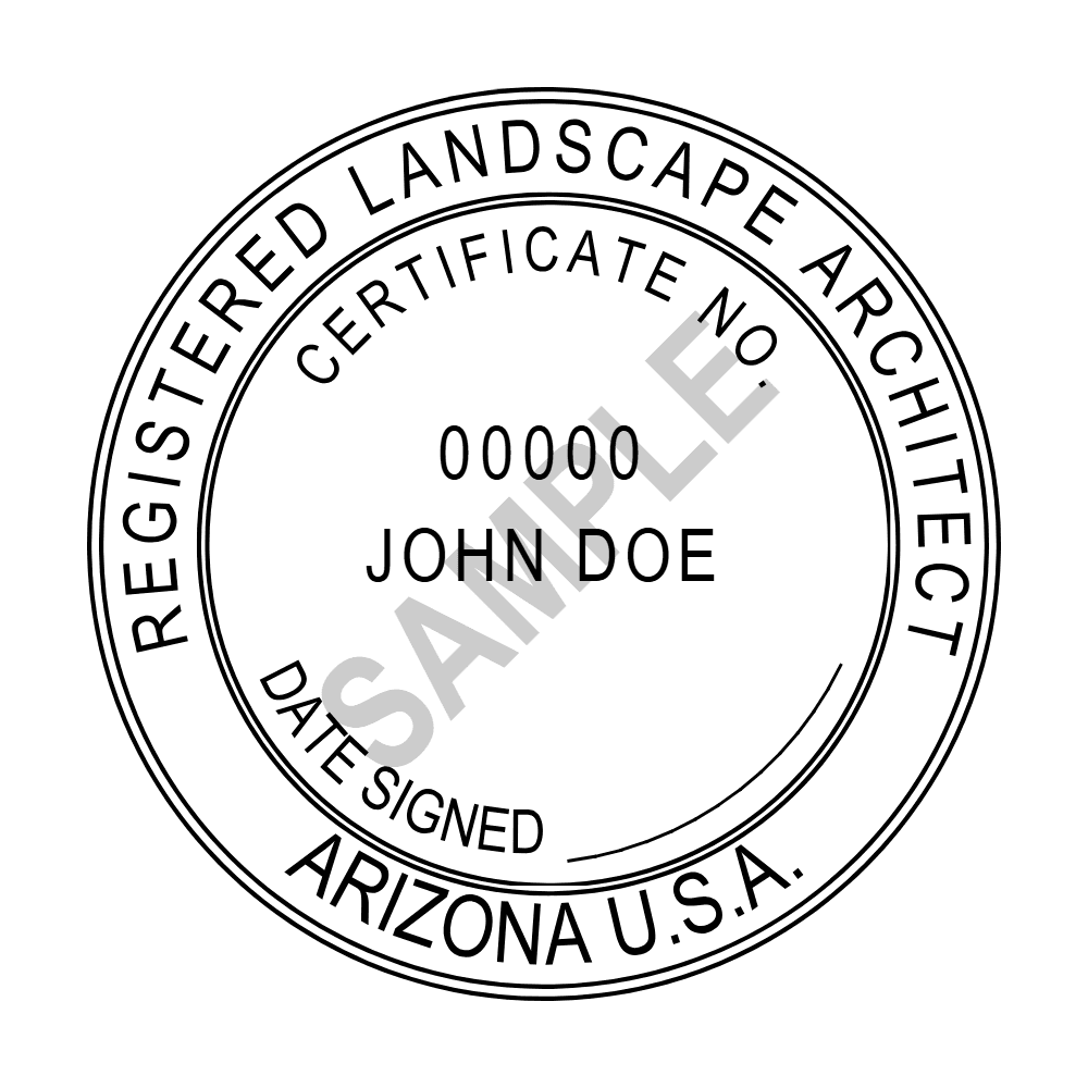 An approved Arizona Landscape Architect seal design, shown as a watermarked example