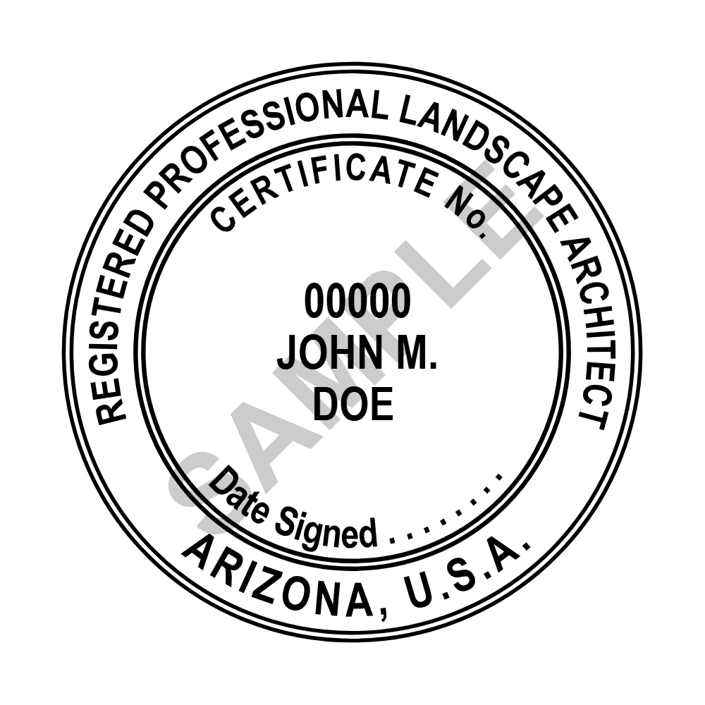 An approved Arizona Landscape Architect seal design, shown as a watermarked example