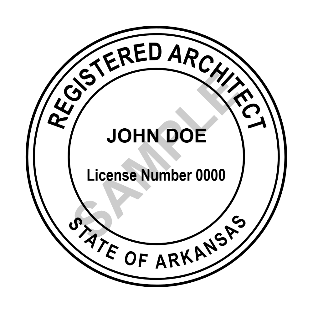 An approved Arkansas Architect seal design, shown as a watermarked example