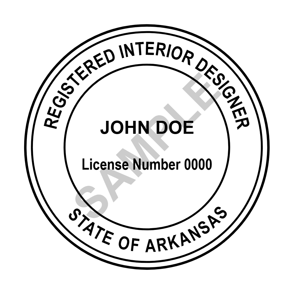 An approved Arkansas Interior Designer seal design, shown as a watermarked example