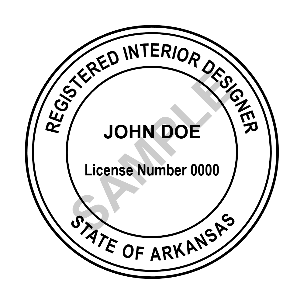 An approved Arkansas Interior Designer seal design, shown as a watermarked example