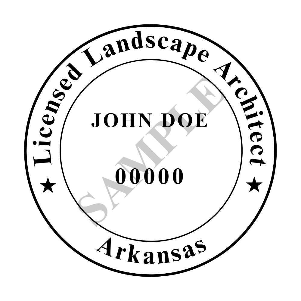 An approved Arkansas Landscape Architect seal design, shown as a watermarked example