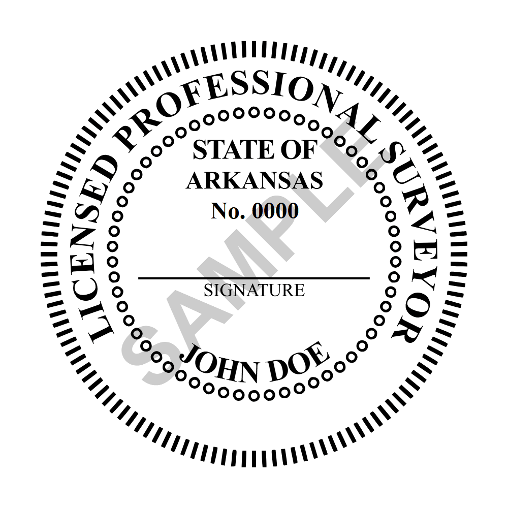 An approved Arkansas Land Surveyor seal design, shown as a watermarked example