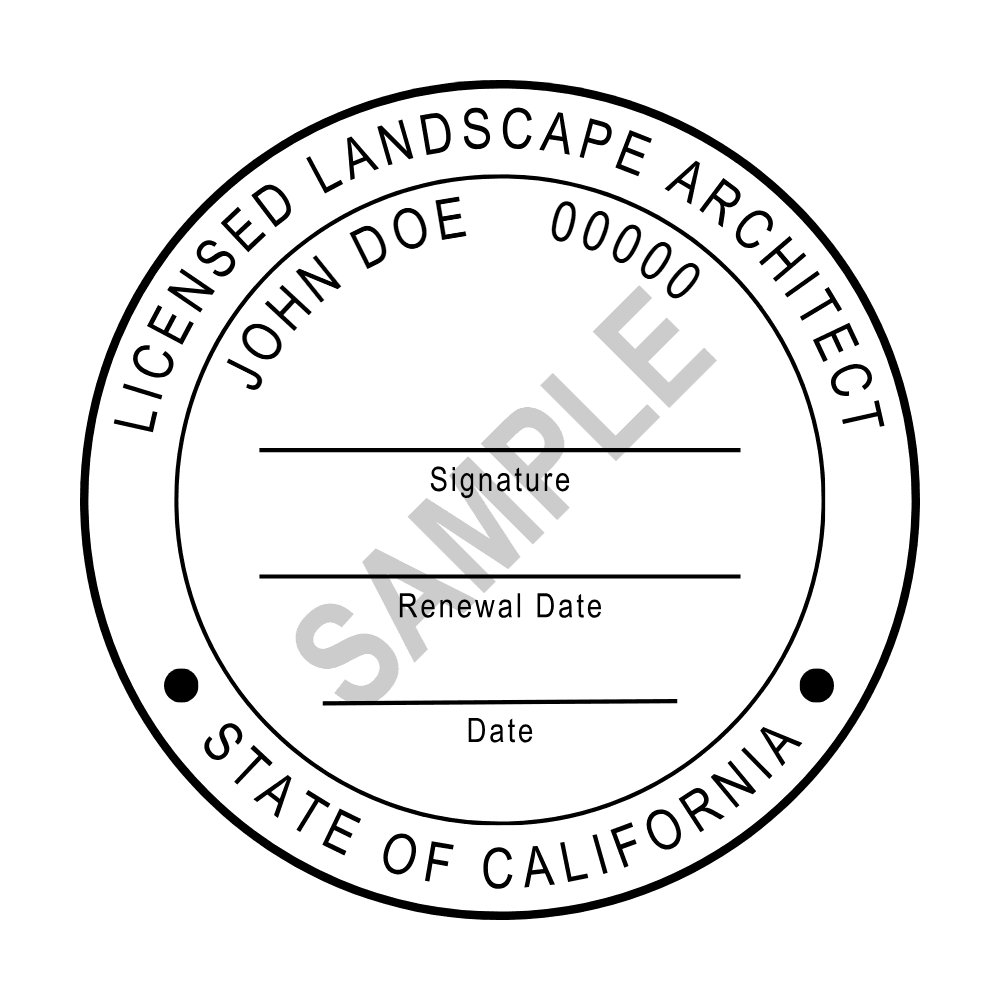 An approved California Landscape Architect seal design, shown as a watermarked example