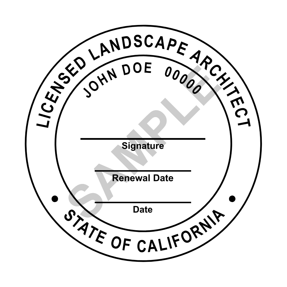An approved California Landscape Architect seal design, shown as a watermarked example