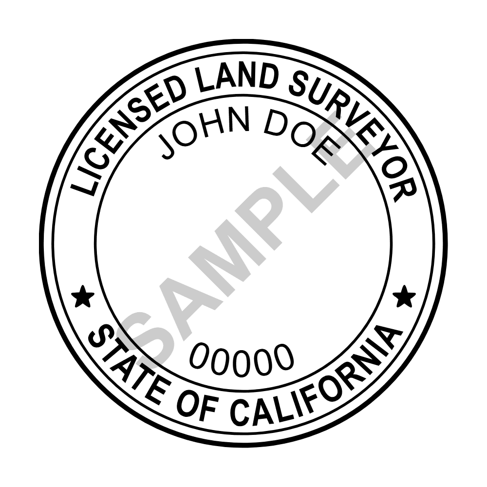 An approved California Land Surveyor seal design, shown as a watermarked example