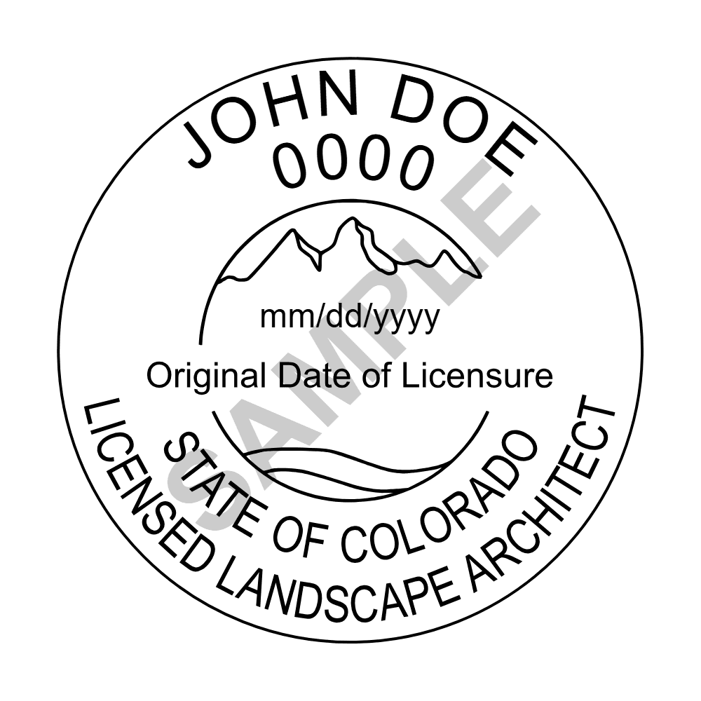 An approved Colorado Landscape Architect seal design, shown as a watermarked example