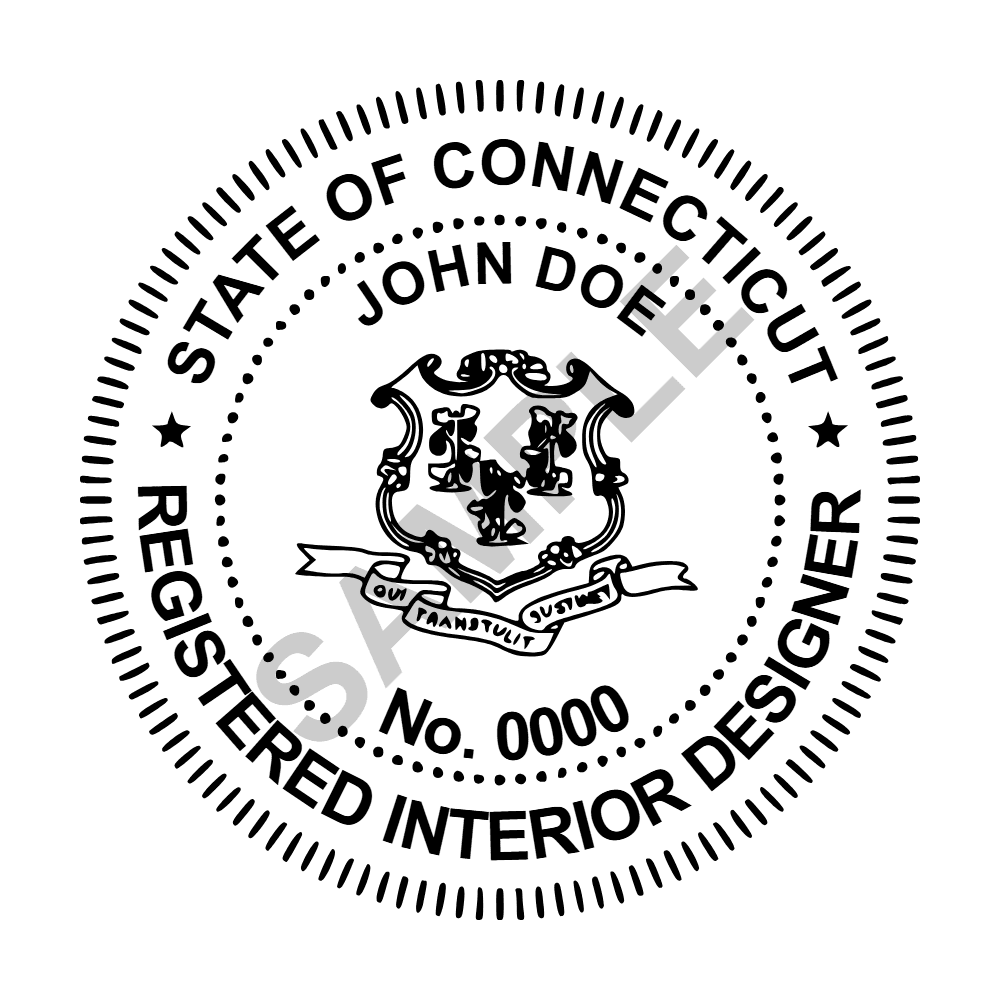 An approved Connecticut Interior Designer seal design, shown as a watermarked example