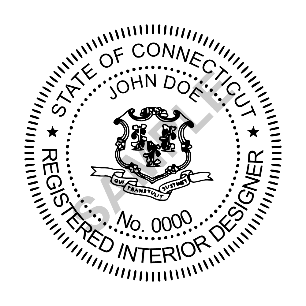 An approved Connecticut Interior Designer seal design, shown as a watermarked example