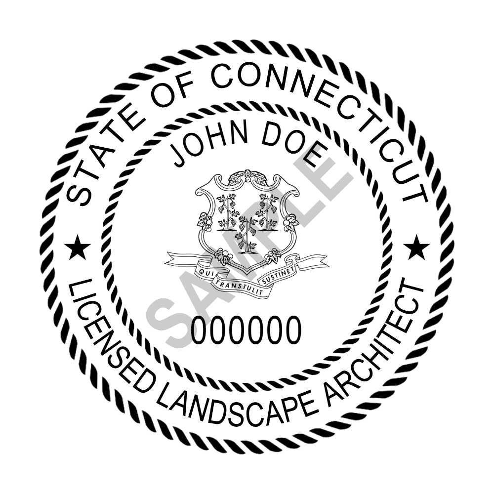An approved Connecticut Landscape Architect seal design, shown as a watermarked example