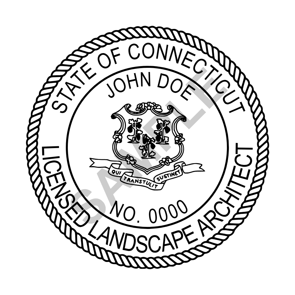 An approved Connecticut Landscape Architect seal design, shown as a watermarked example