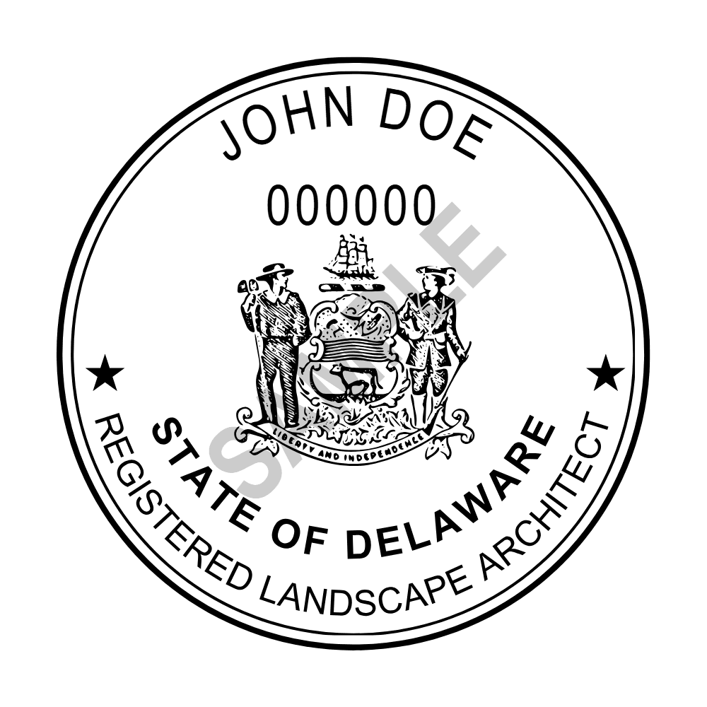 An approved Delaware Landscape Architect seal design, shown as a watermarked example