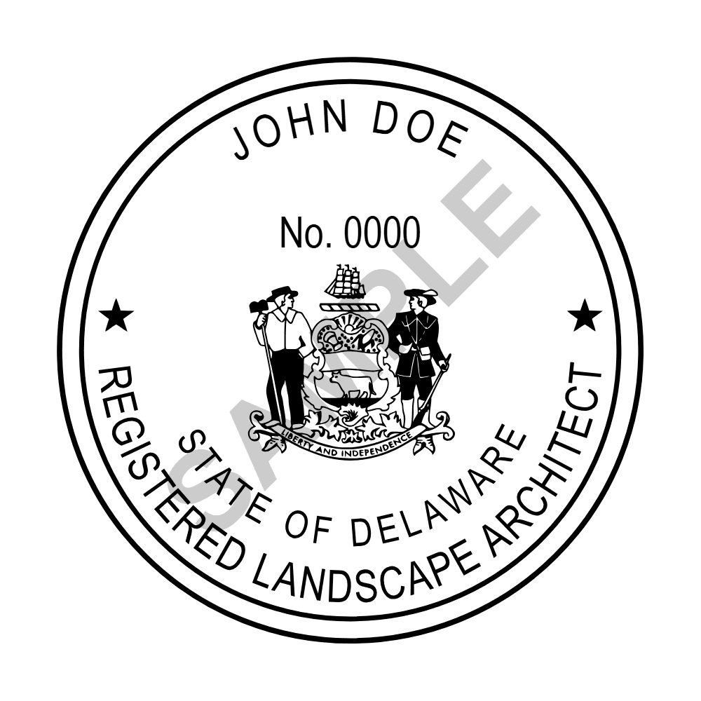 An approved Delaware Landscape Architect seal design, shown as a watermarked example