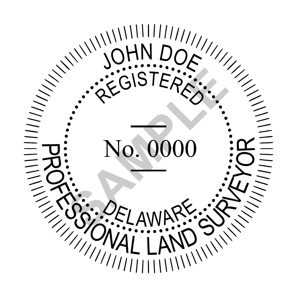 An approved Delaware Land Surveyor seal design, shown as a watermarked example