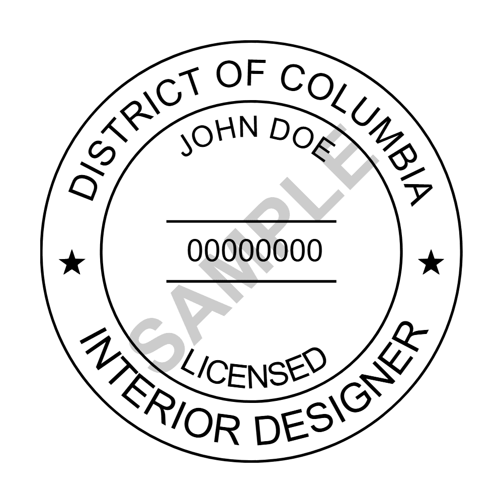 An approved District of Columbia Interior Designer seal design, shown as a watermarked example