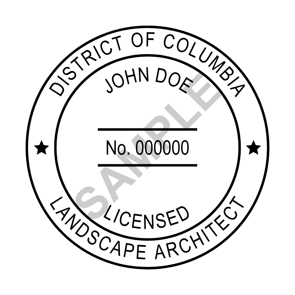 An approved District of Columbia Landscape Architect seal design, shown as a watermarked example