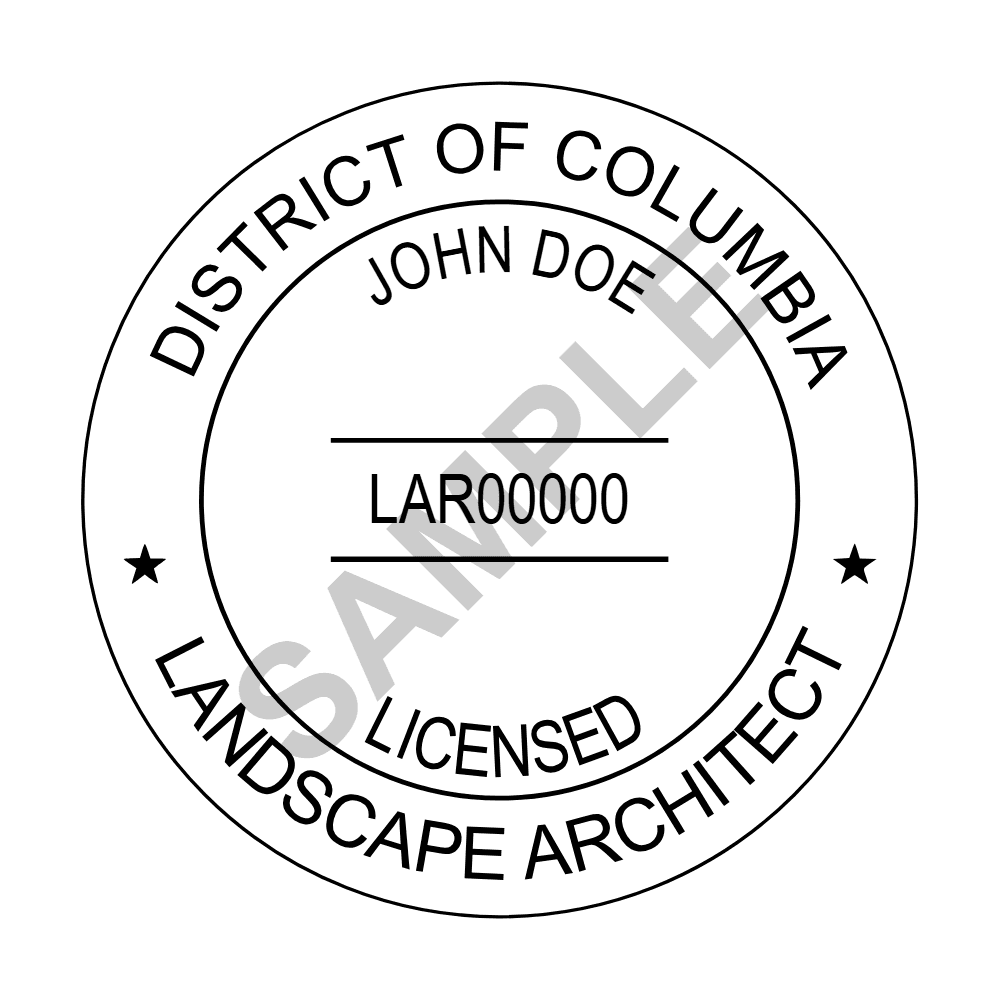 An approved District of Columbia Landscape Architect seal design, shown as a watermarked example