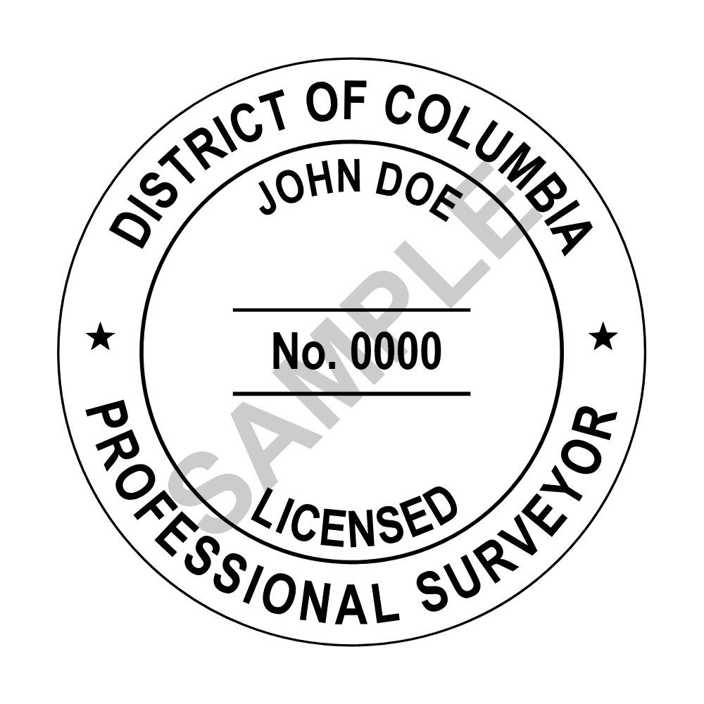 An approved District of Columbia Land Surveyor seal design, shown as a watermarked example