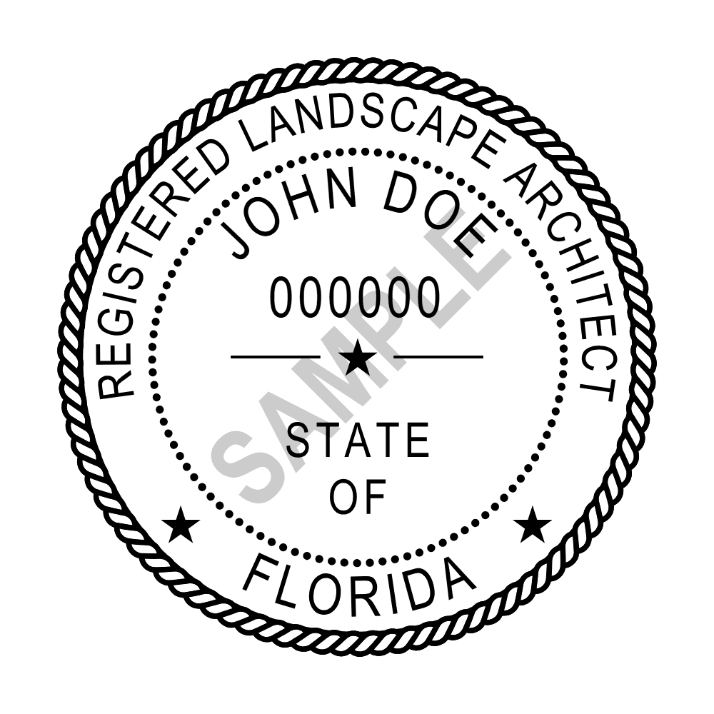 An approved Florida Landscape Architect seal design, shown as a watermarked example