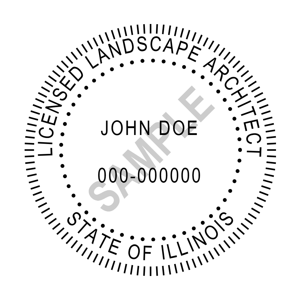 An approved Illinois Landscape Architect seal design, shown as a watermarked example