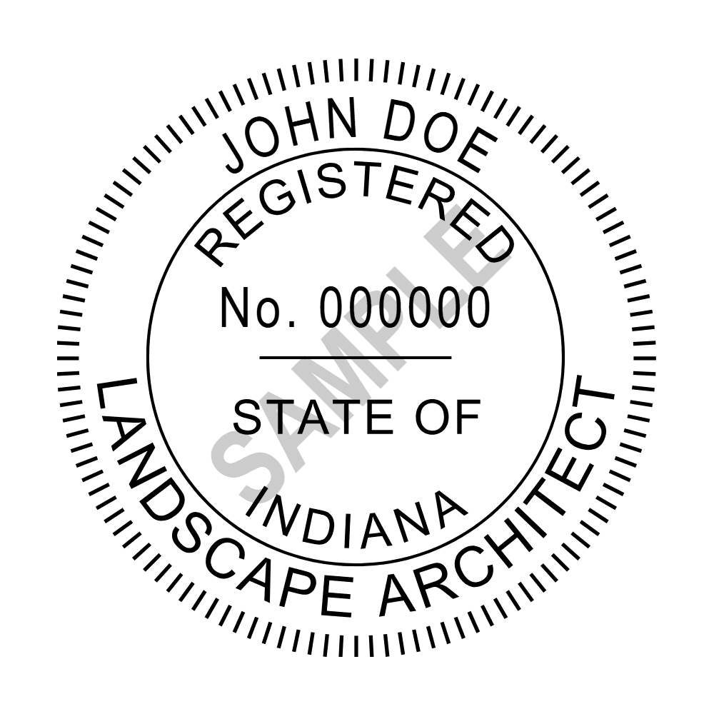 An approved Indiana Landscape Architect seal design, shown as a watermarked example