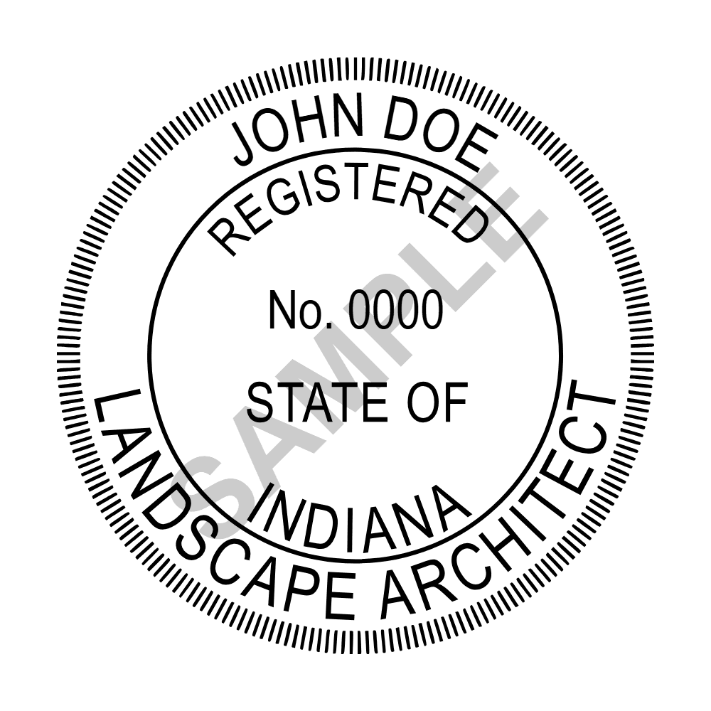 An approved Indiana Landscape Architect seal design, shown as a watermarked example