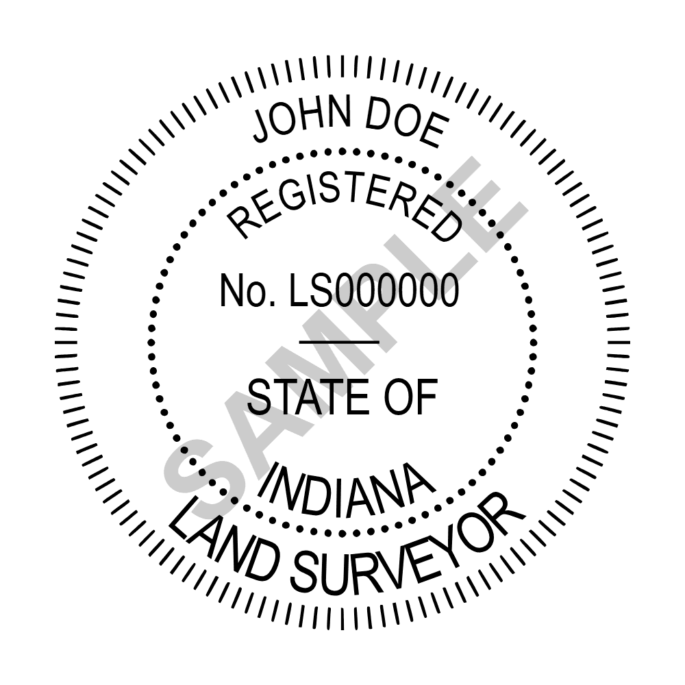 An approved Indiana Land Surveyor seal design, shown as a watermarked example