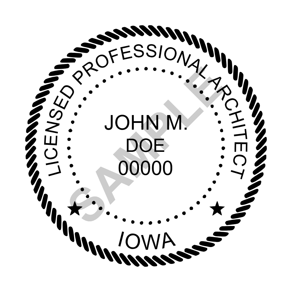 An approved Iowa Architect seal design, shown as a watermarked example