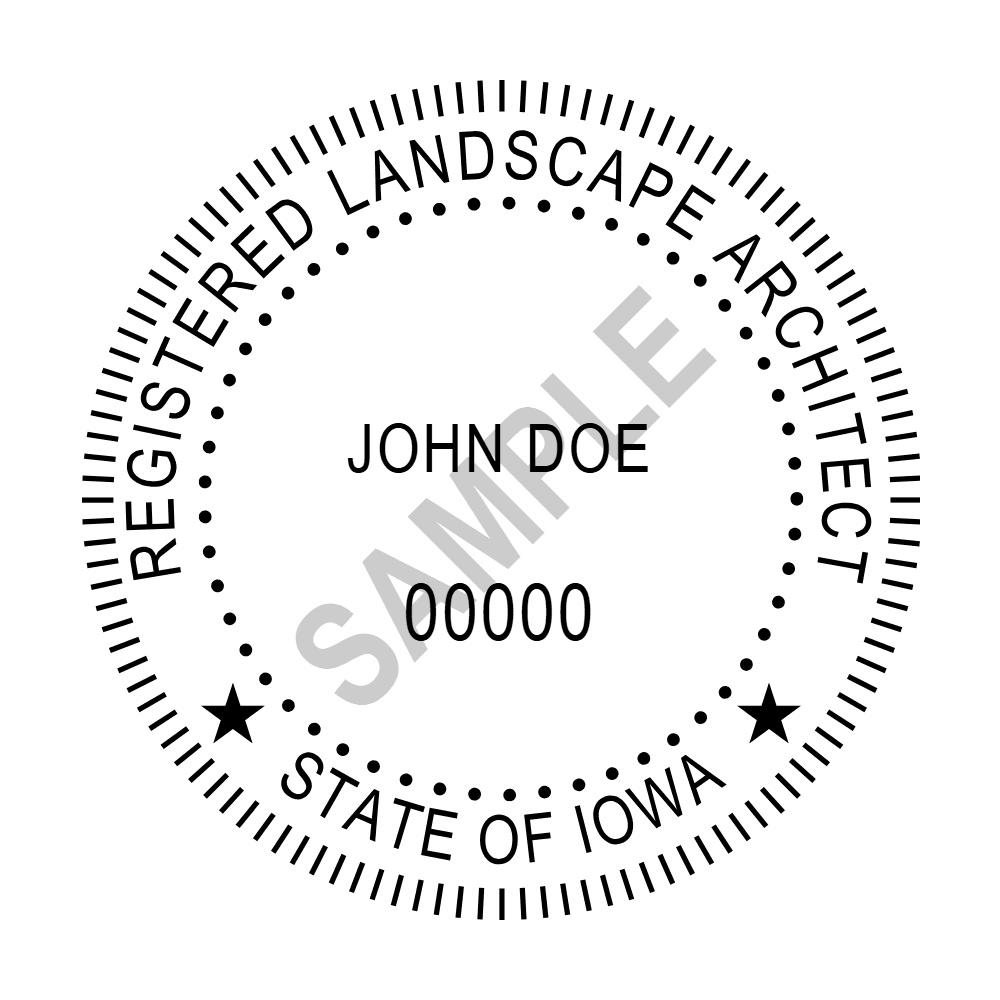 An approved Iowa Landscape Architect seal design, shown as a watermarked example