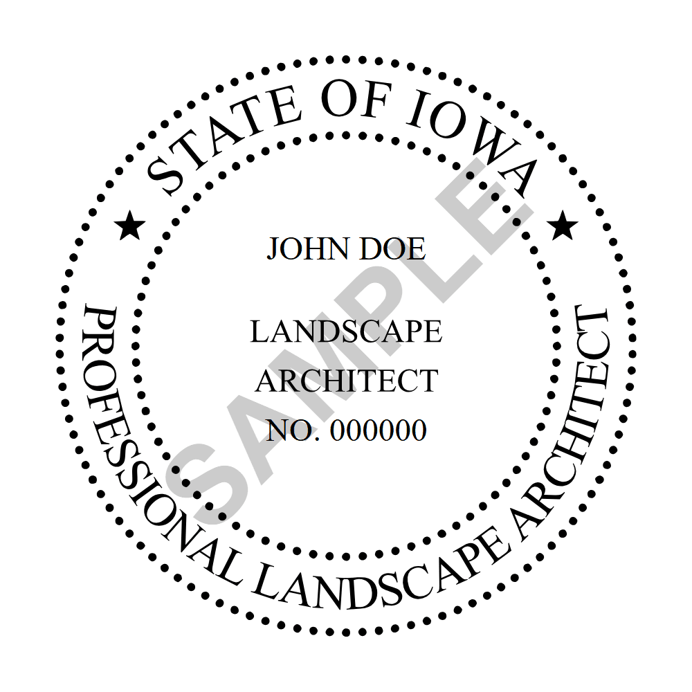 An approved Iowa Landscape Architect seal design, shown as a watermarked example