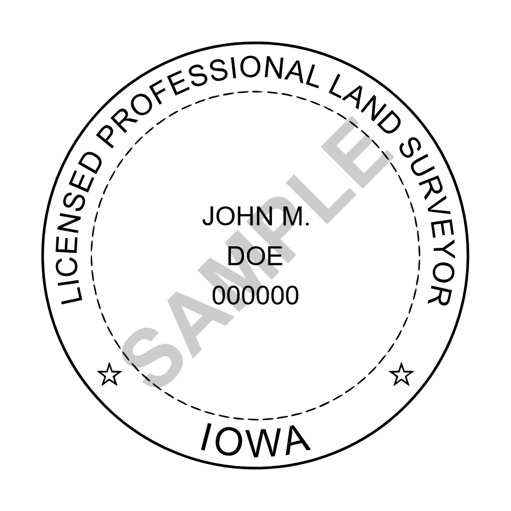 An approved Iowa Land Surveyor seal design, shown as a watermarked example