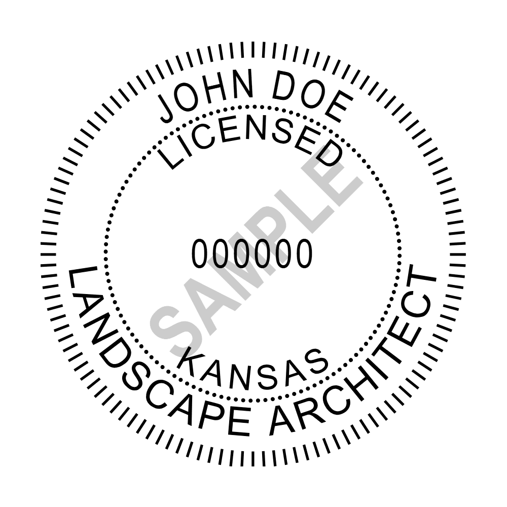 An approved Kansas Landscape Architect seal design, shown as a watermarked example