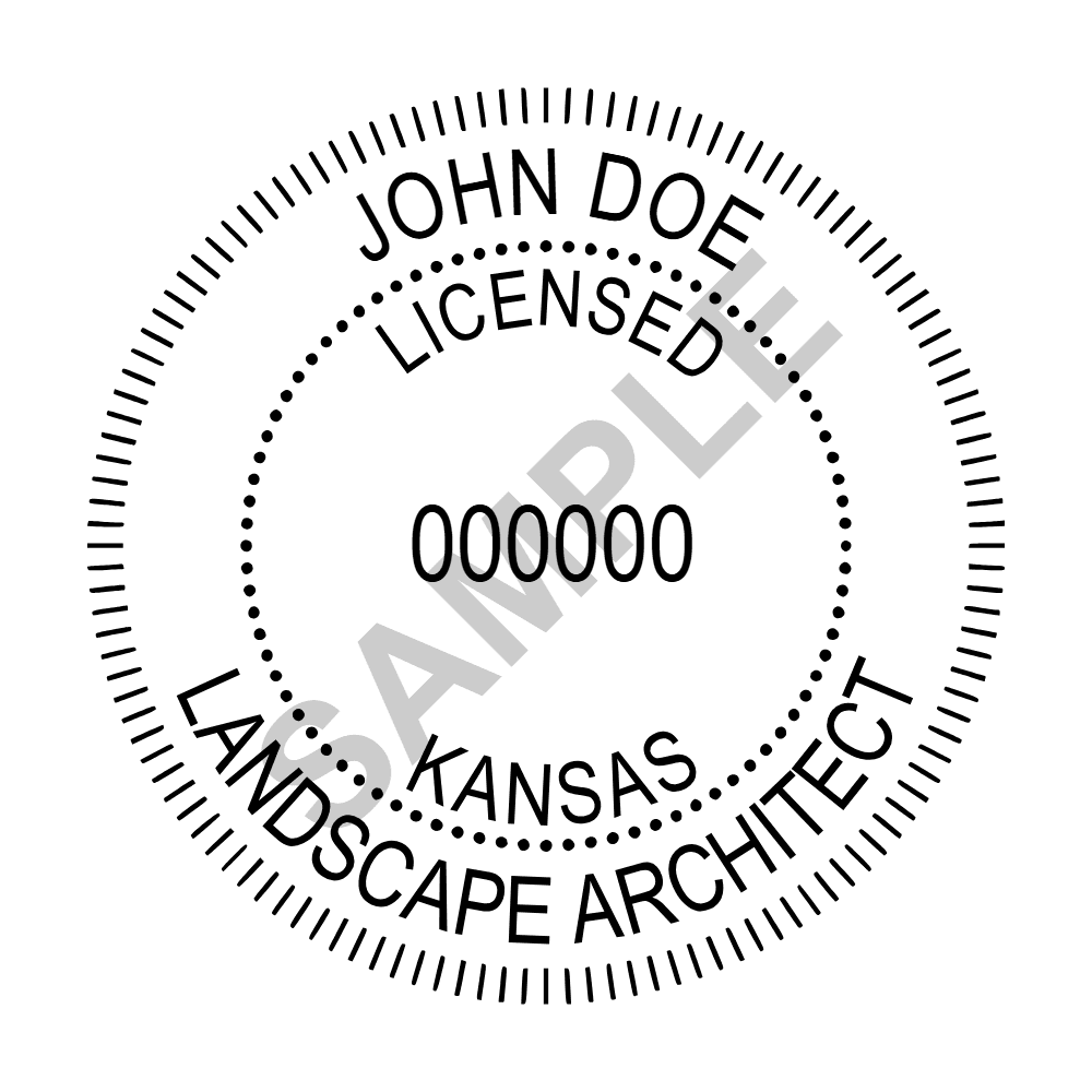 An approved Kansas Landscape Architect seal design, shown as a watermarked example