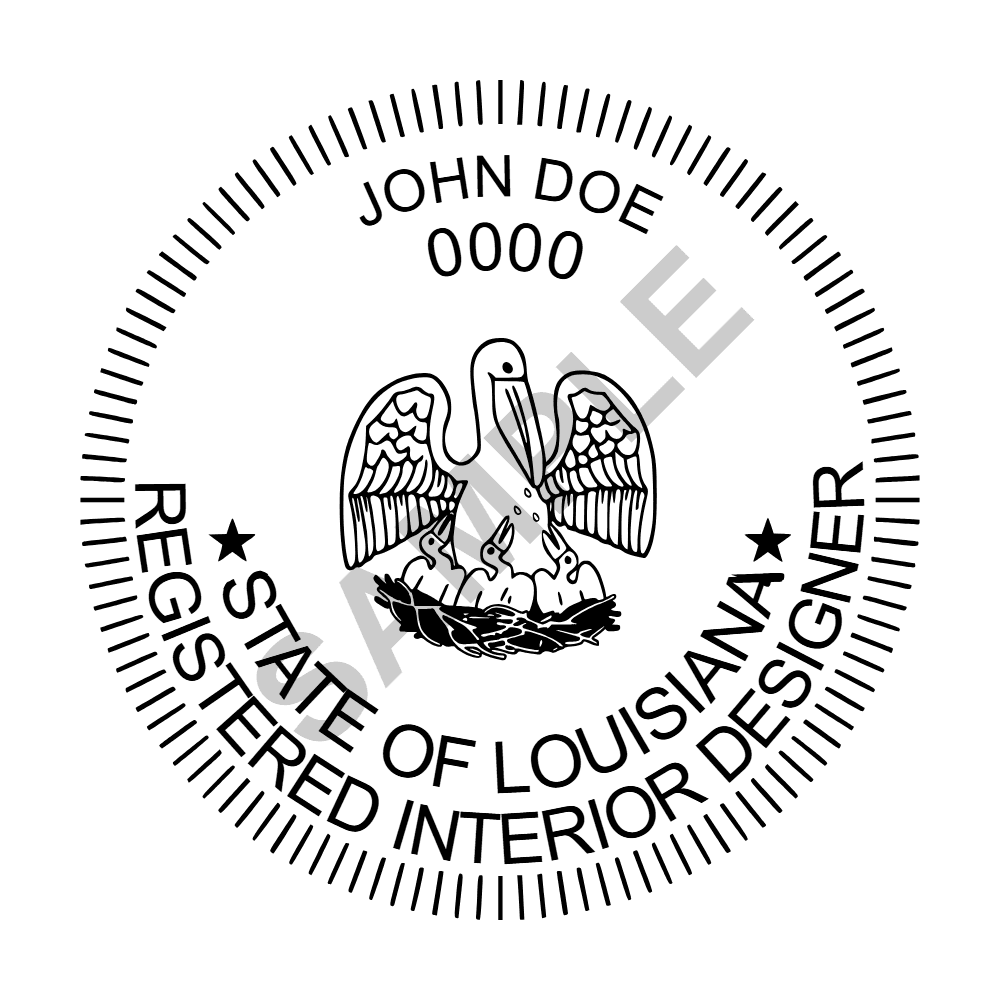 An approved Louisiana Interior Designer seal design, shown as a watermarked example
