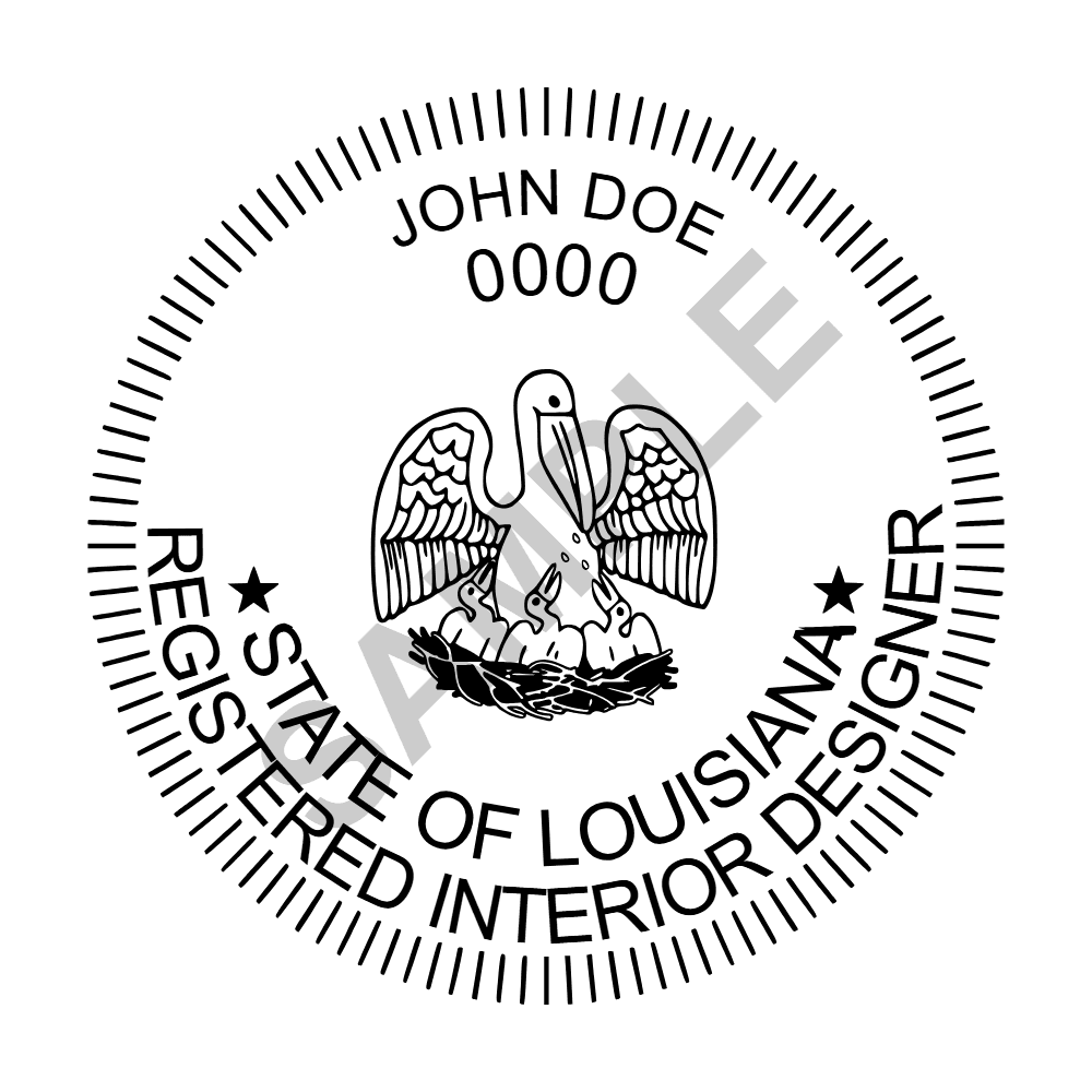 An approved Louisiana Interior Designer seal design, shown as a watermarked example