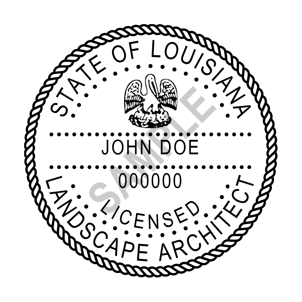 An approved Louisiana Landscape Architect seal design, shown as a watermarked example