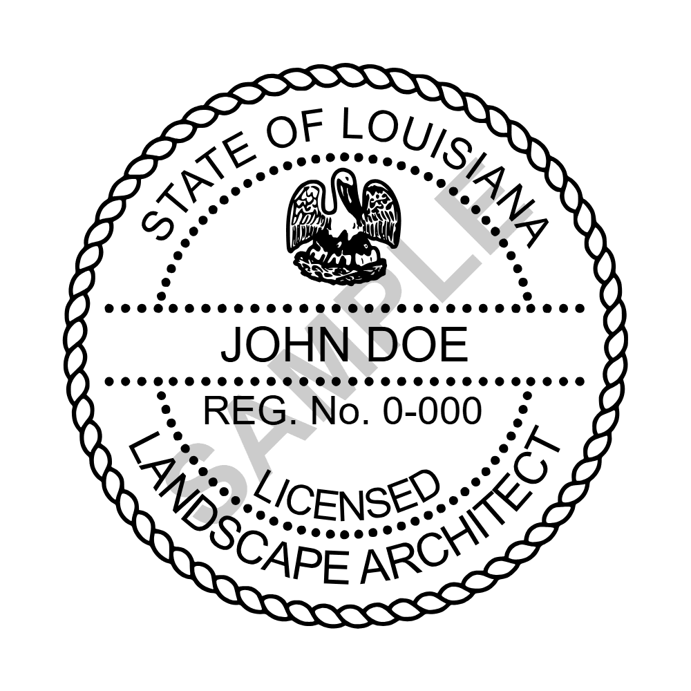 An approved Louisiana Landscape Architect seal design, shown as a watermarked example