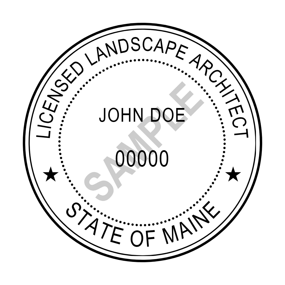 An approved Maine Landscape Architect seal design, shown as a watermarked example