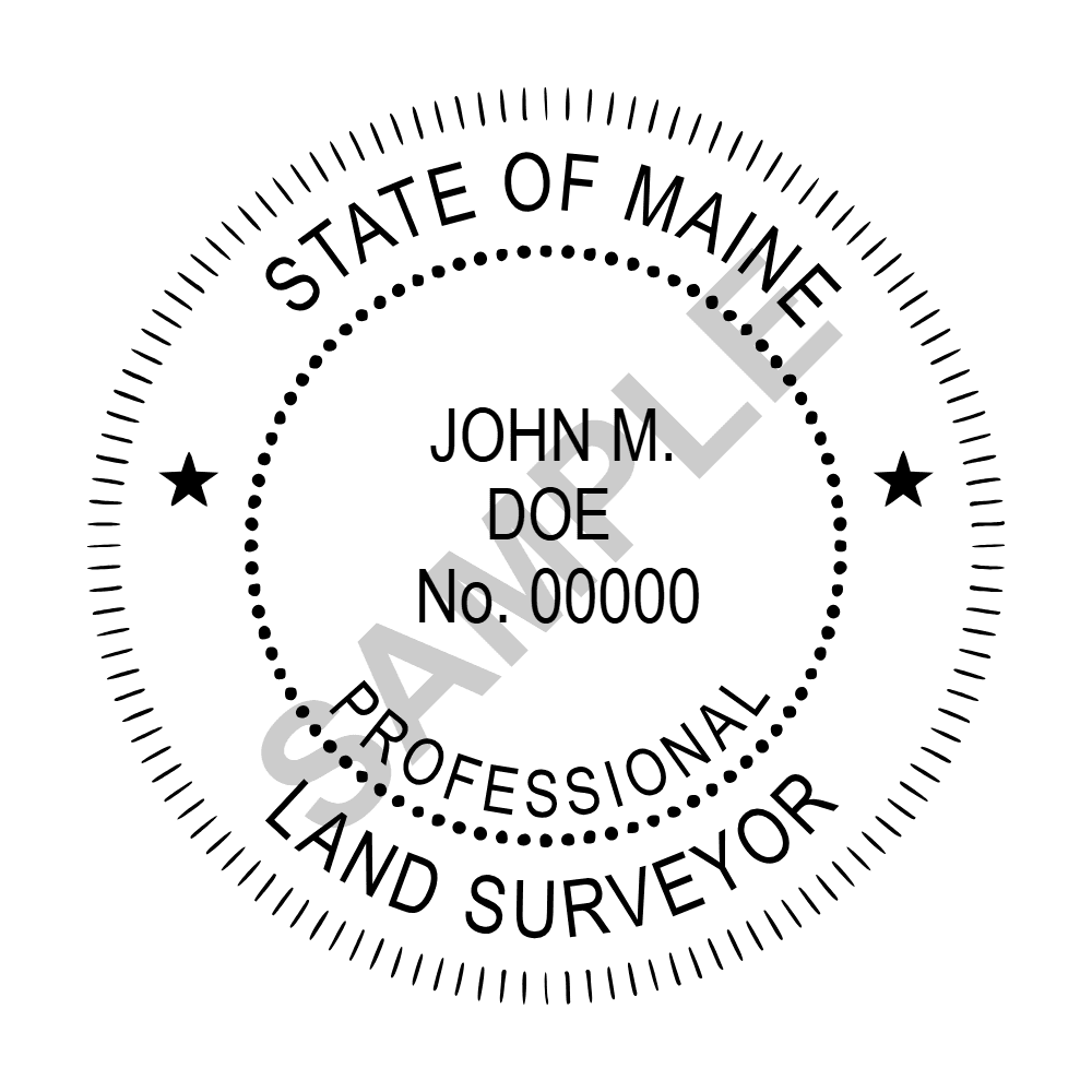 An approved Maine Land Surveyor seal design, shown as a watermarked example