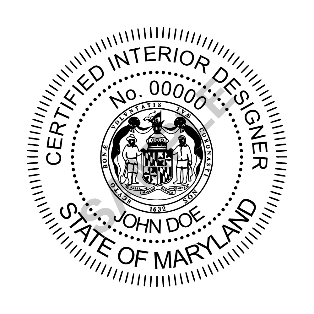 An approved Maryland Interior Designer seal design, shown as a watermarked example