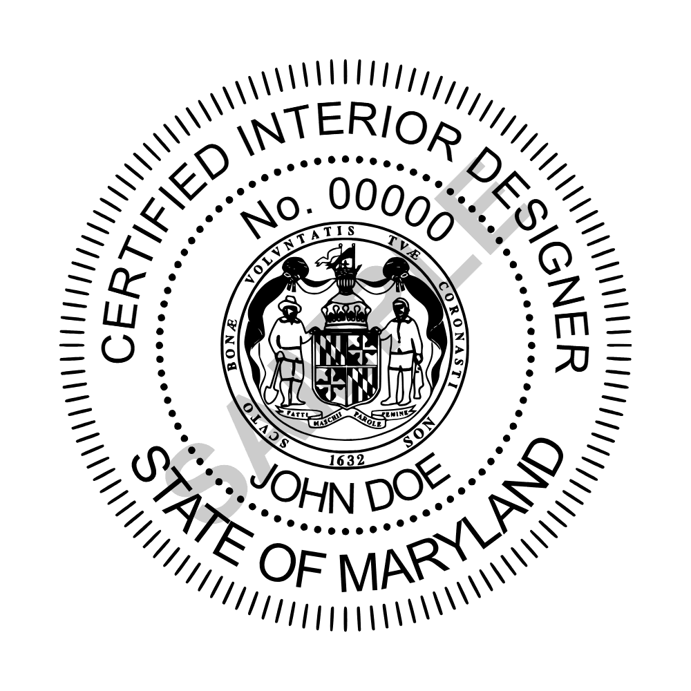 An approved Maryland Interior Designer seal design, shown as a watermarked example
